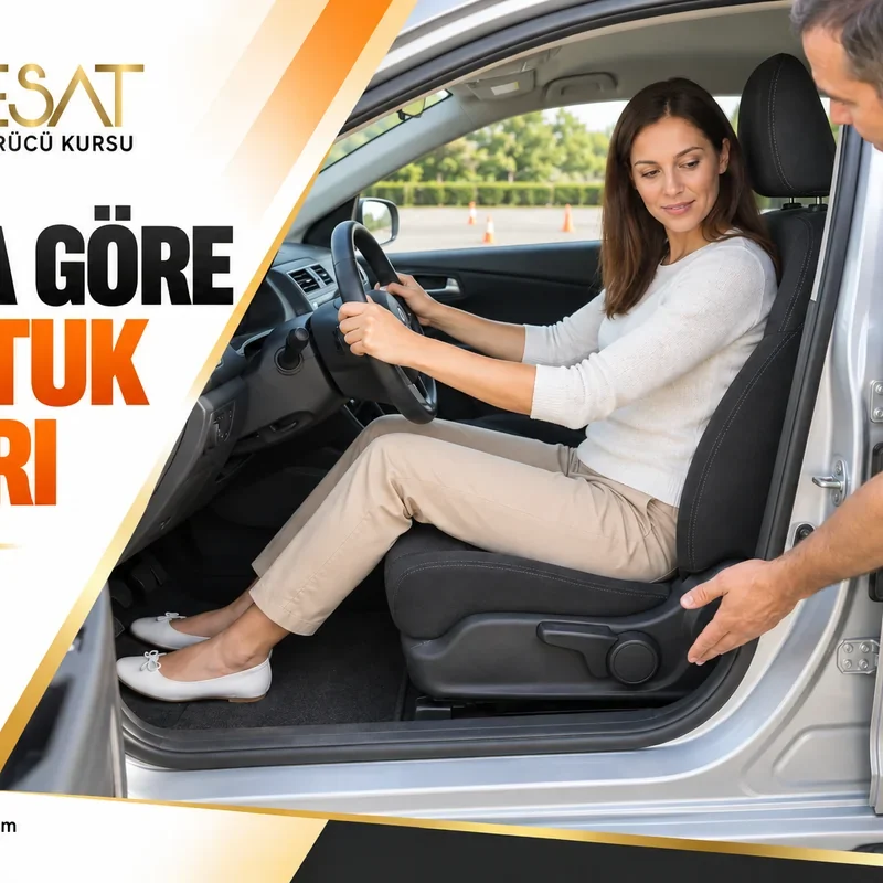 Park halindeki otomobilde boya göre koltuk ayarını eğitmenle değerlendiren aday