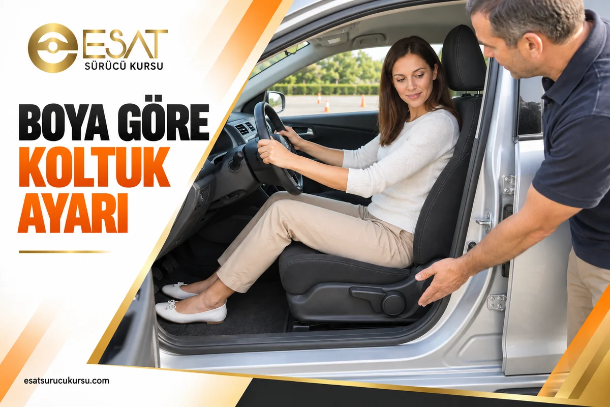 Park halindeki otomobilde boya göre koltuk ayarını eğitmenle değerlendiren aday