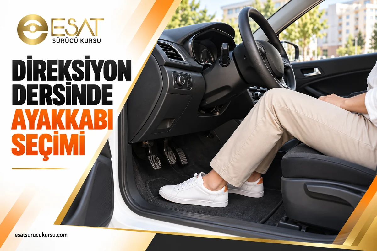 Park halindeki otomobilde direksiyon dersi ayakkabısı olarak giyilen düz tabanlı beyaz spor ayakkabılar