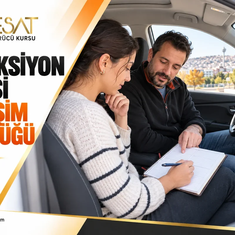 Park halindeki araçta direksiyon dersi gelişim günlüğünü birlikte inceleyen aday ve eğitmen