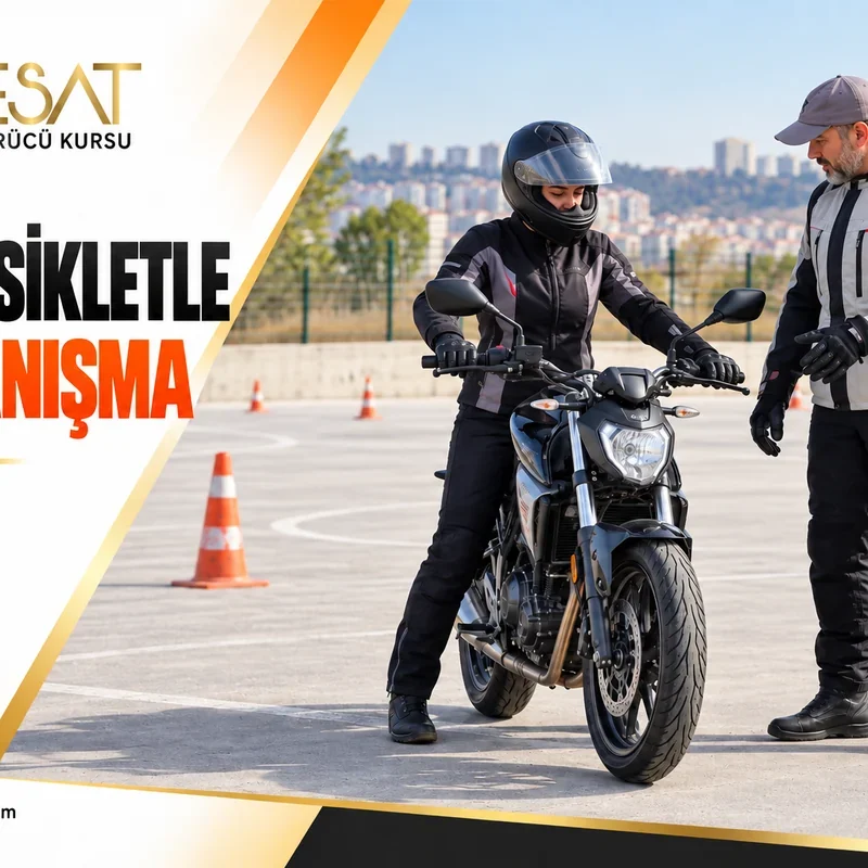Eğitmen eşliğinde durağan motosikletle tanışan koruyucu ekipmanlı aday