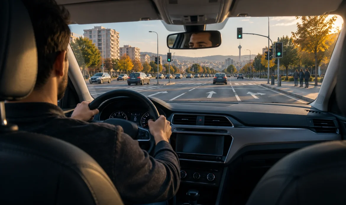 Ankara’da kavşağa yaklaşan otomobilden şerit okları ve trafik ışıklarının temsili görünümü
