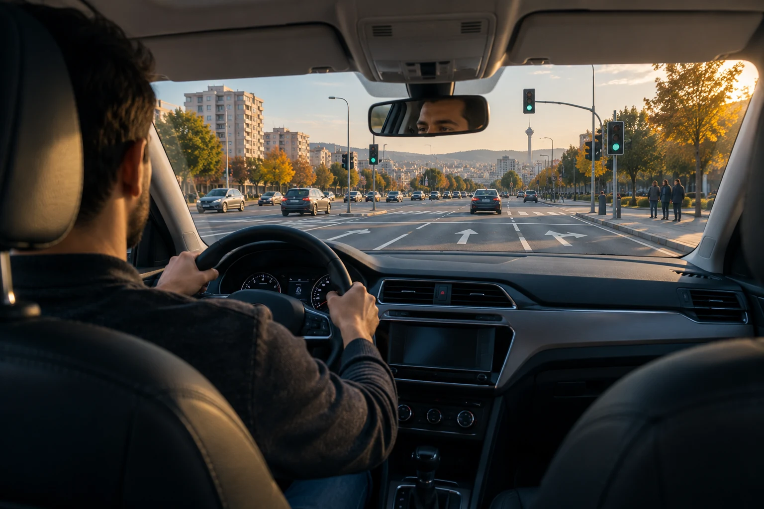 Ankara’da kavşağa yaklaşan otomobilden şerit okları ve trafik ışıklarının temsili görünümü