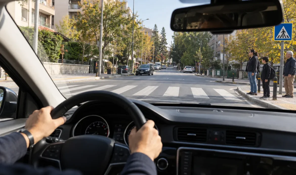 Yaya geçidine yaklaşan eğitim otomobilinden görülen geçit ve bekleyen yaya, temsili görsel