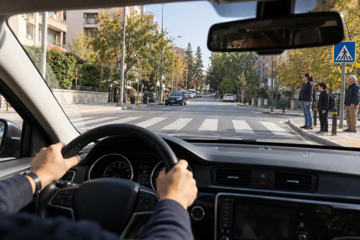 Yaya geçidine yaklaşan eğitim otomobilinden görülen geçit ve bekleyen yaya, temsili görsel