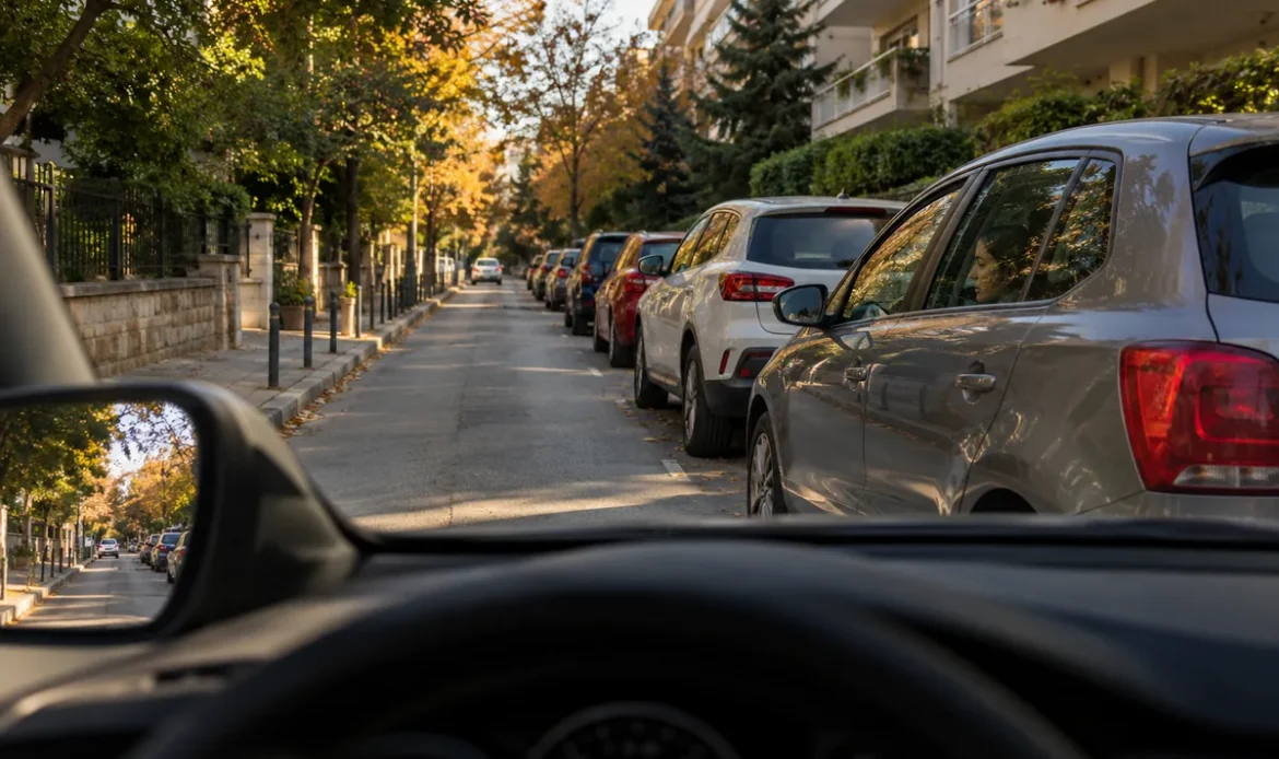 Park edilmiş araçların yanından yeterli yan açıklıkla geçen eğitim otomobili, temsili görsel