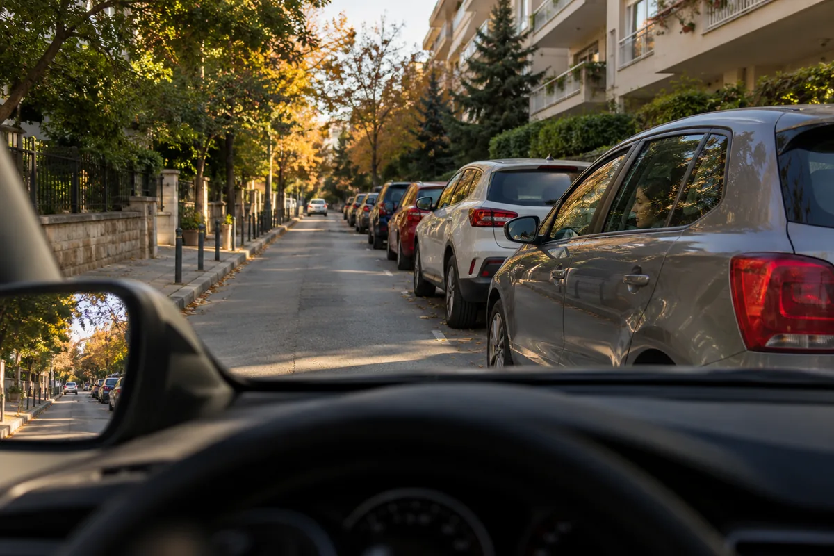 Park edilmiş araçların yanından yeterli yan açıklıkla geçen eğitim otomobili, temsili görsel