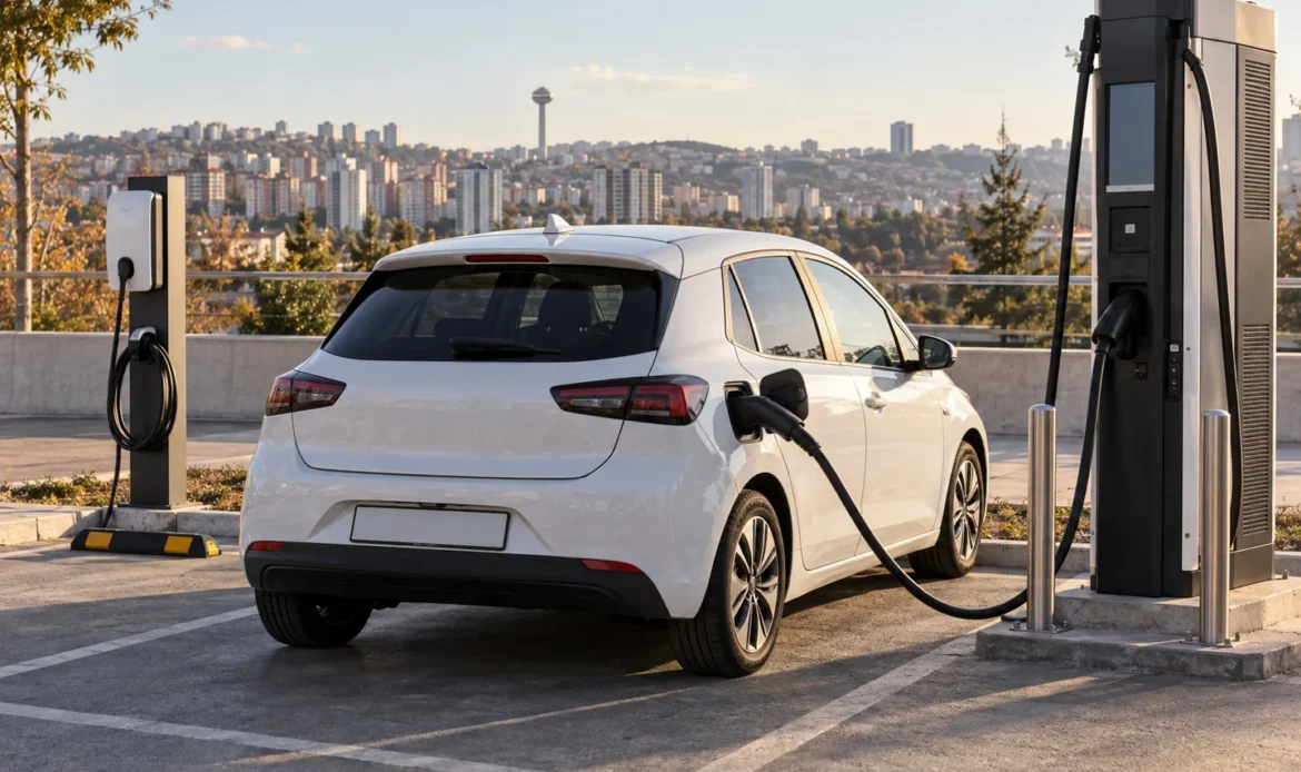 Ankara Çankaya’da AC ve DC şarj ünitelerinin yanında şarj edilen beyaz elektrikli araç