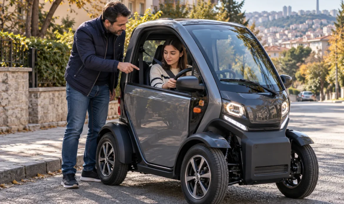 B1 elektrikli mini araç yanında sürücü adayına kumandaları anlatan eğitmen