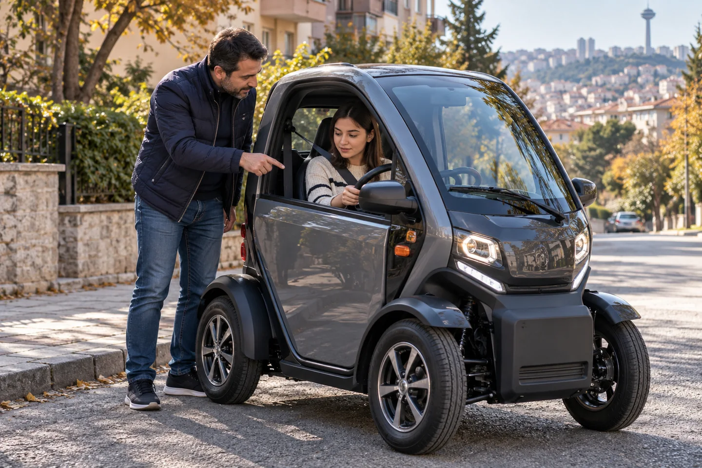 B1 elektrikli mini araç yanında sürücü adayına kumandaları anlatan eğitmen