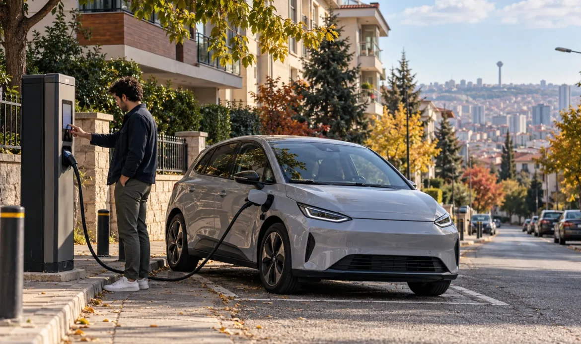 Çankaya’da şarj istasyonuna bağlı elektrikli araç ve şarj durumunu kontrol eden sürücü