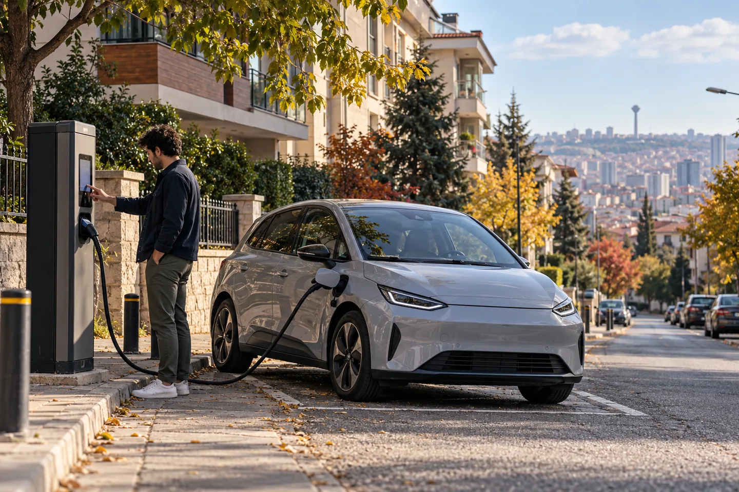 Çankaya’da şarj istasyonuna bağlı elektrikli araç ve şarj durumunu kontrol eden sürücü