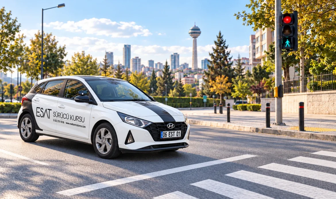 Ankara Çankaya yaya geçidi önünde güvenli duruş yapan Esat Sürücü Kursu 2024 model beyaz manuel Hyundai i20 eğitim aracı, 06 EST 01; temsili görsel