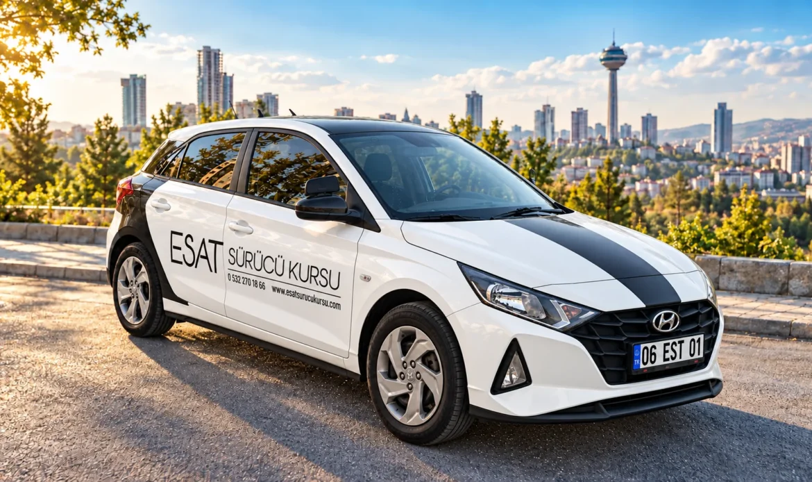 Ankara Çankaya panoraması önünde Esat Sürücü Kursu 2024 model beyaz manuel Hyundai i20 eğitim aracı, 06 EST 01; temsili görsel