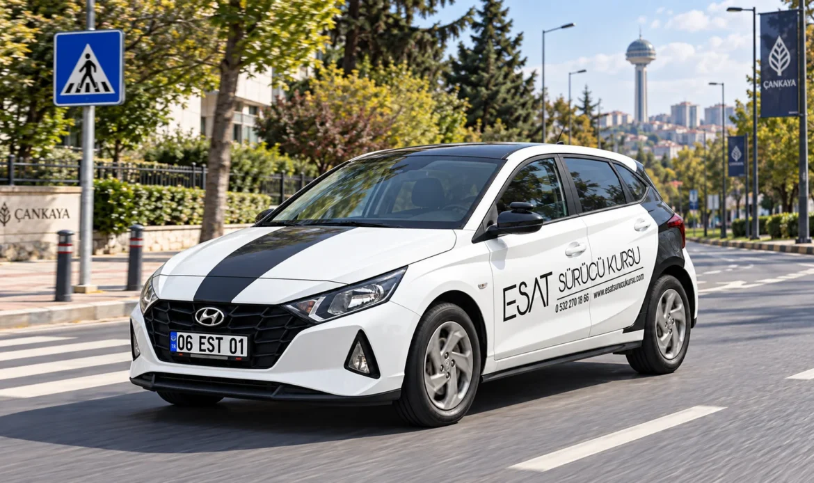 Ankara Çankaya trafik kuralları eğitimini anlatan Esat Sürücü Kursu 2024 model beyaz manuel Hyundai i20, 06 EST 01; temsili görsel