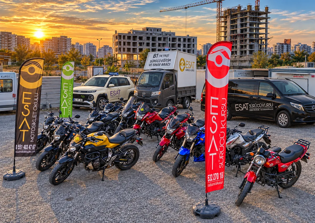 Esat Sürücü Kursu motosiklet alanı; elektrikli otomobil, B1 eğitim aracı ve Mercedes Vito içeren temsili kompozit