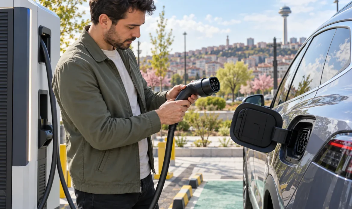 Şarj istasyonunda sağlam elektrikli araç şarj kablosunu kontrol eden sürücü