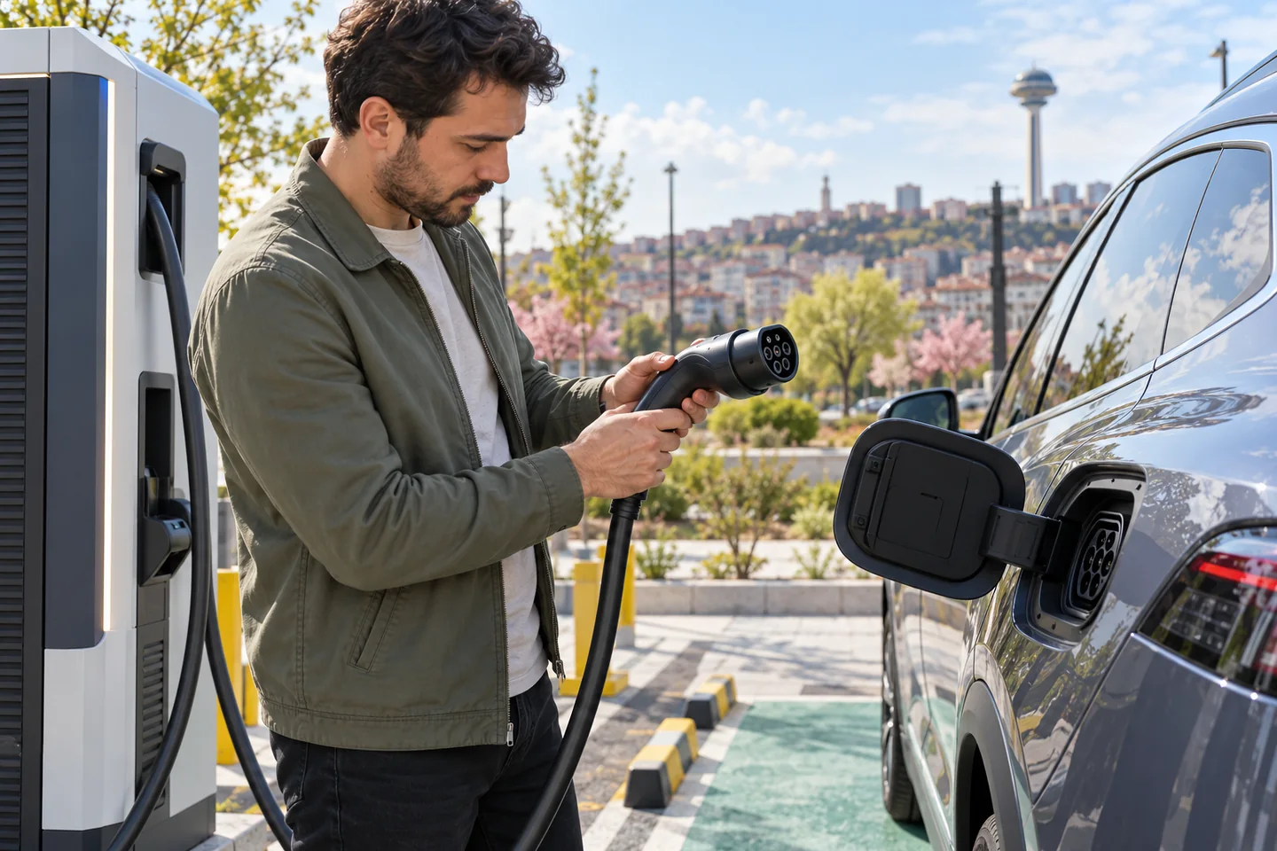 Şarj istasyonunda sağlam elektrikli araç şarj kablosunu kontrol eden sürücü