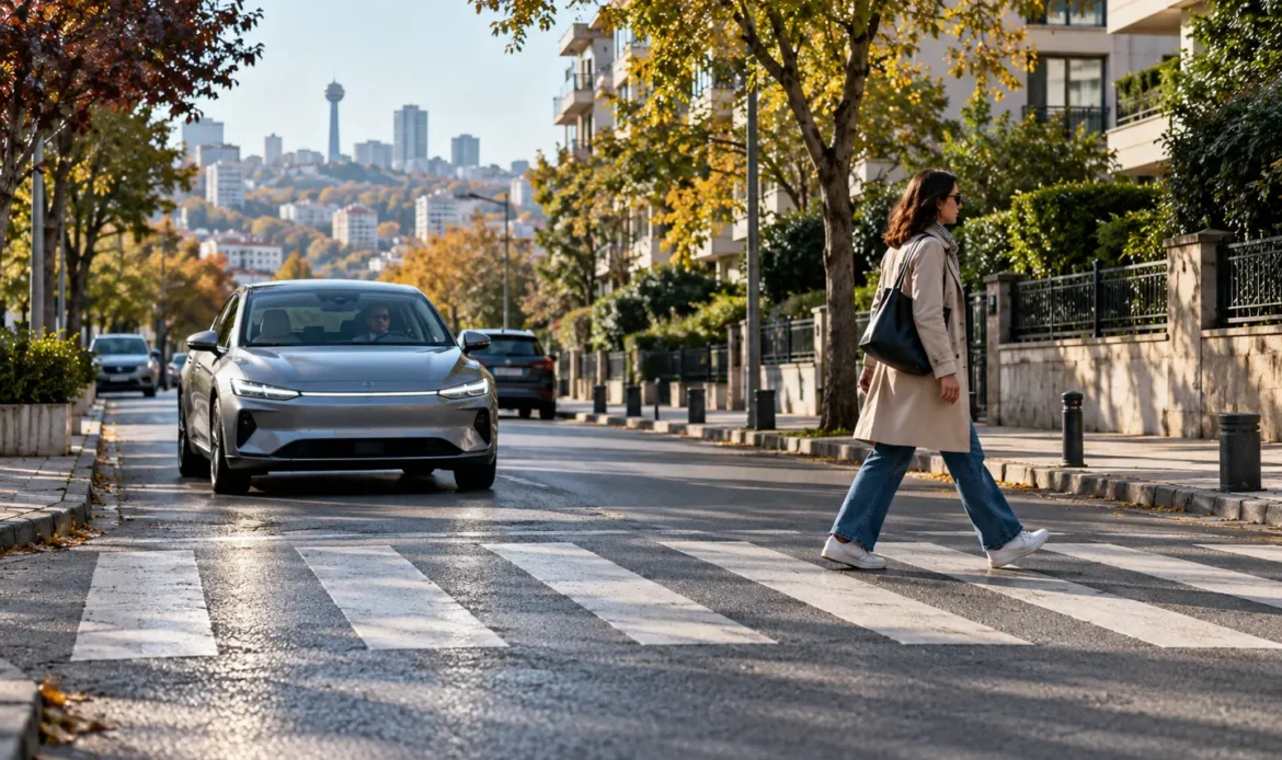 Çankaya’da yaya geçidinde yayaya yol veren elektrikli otomobil